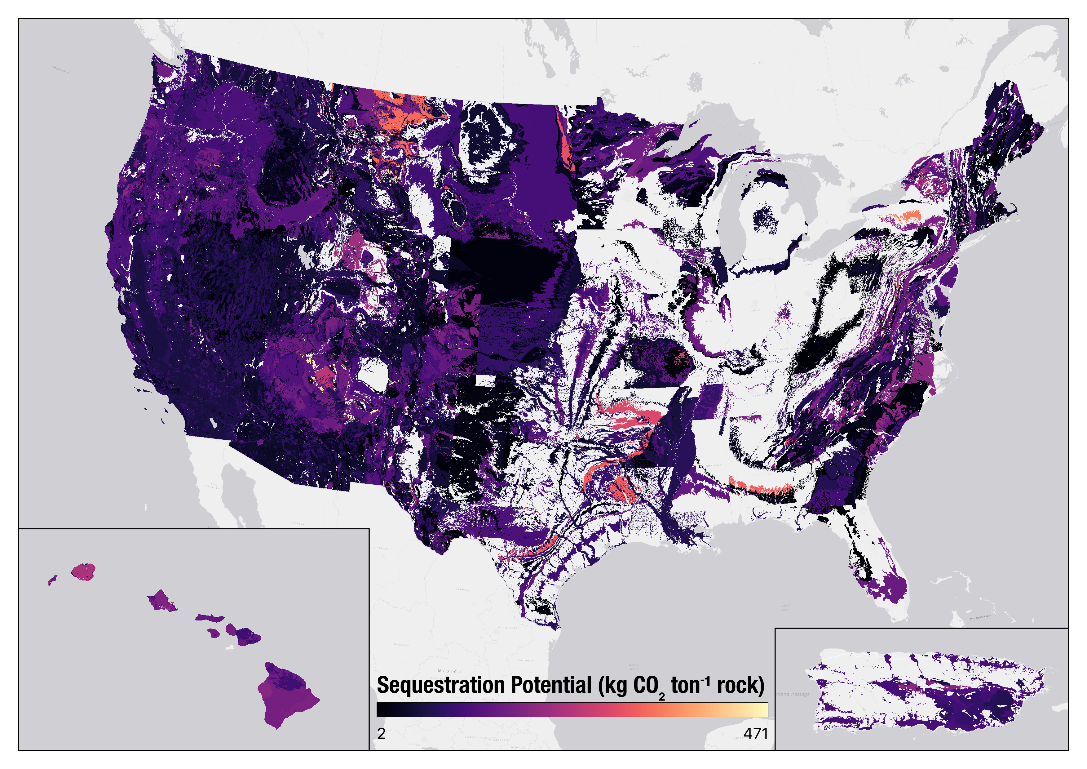 Map of the United States with rock formations colored by sequestration potential